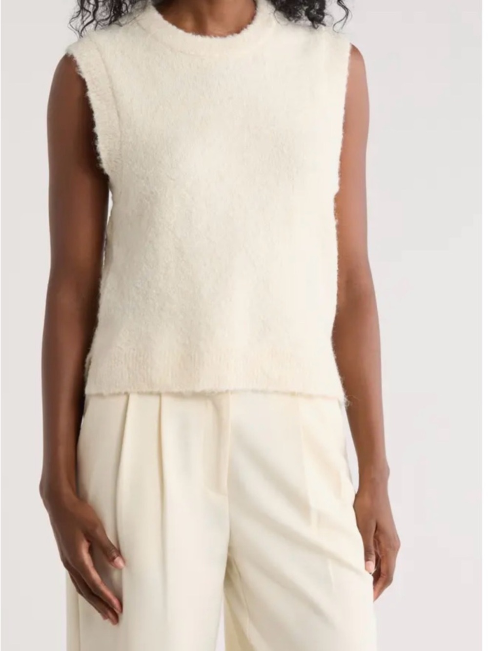 French Connection Ivory Fuzzy Eyelash Knit Sweater Vest Crewneck Fall Layer Top
